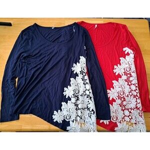 2 Passports Lace Trimmed Stretch Tunics Women's Tops Blue & Red Size L (12/14)